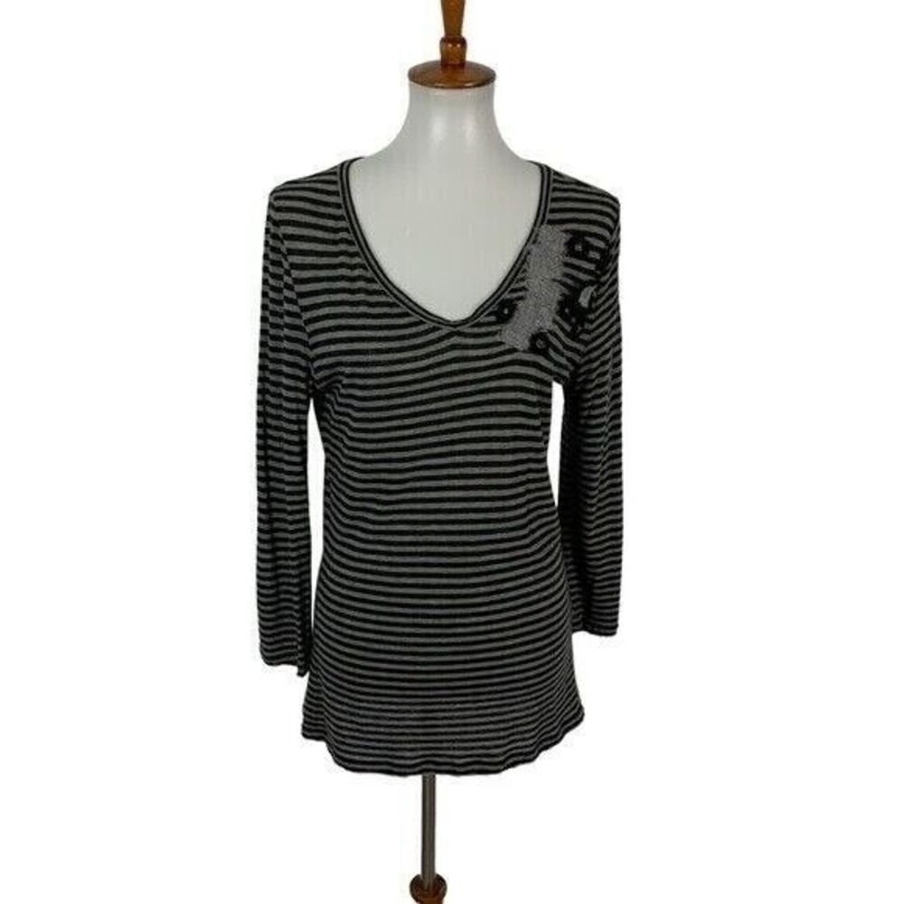 MaxMara Weekend Top Large Gray Striped Long Sleeve Designer Minimalist